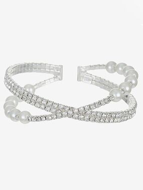 Monet Timeless Silver Tone Glass Stone & Pearl Cuff Bracelet